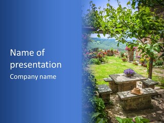 A Picture Of A Garden With A Bench And Flowers PowerPoint Template