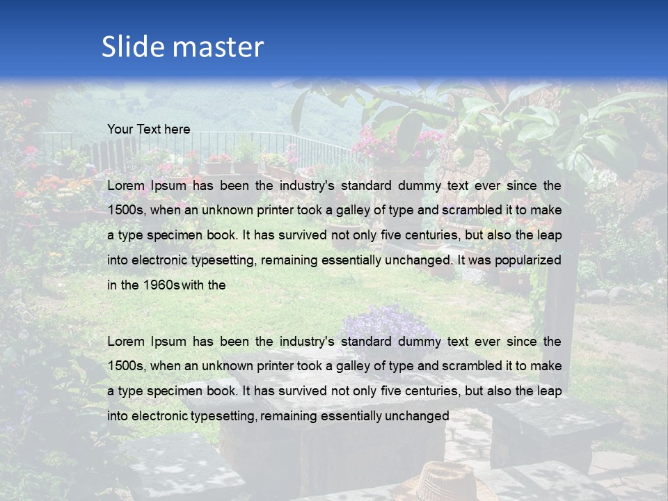 A Picture Of A Garden With A Bench And Flowers PowerPoint Template