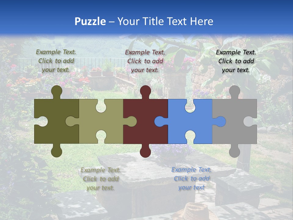 A Picture Of A Garden With A Bench And Flowers PowerPoint Template