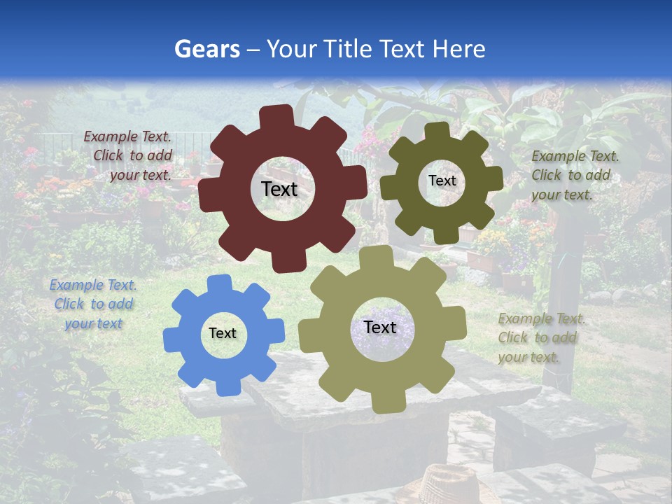 A Picture Of A Garden With A Bench And Flowers PowerPoint Template