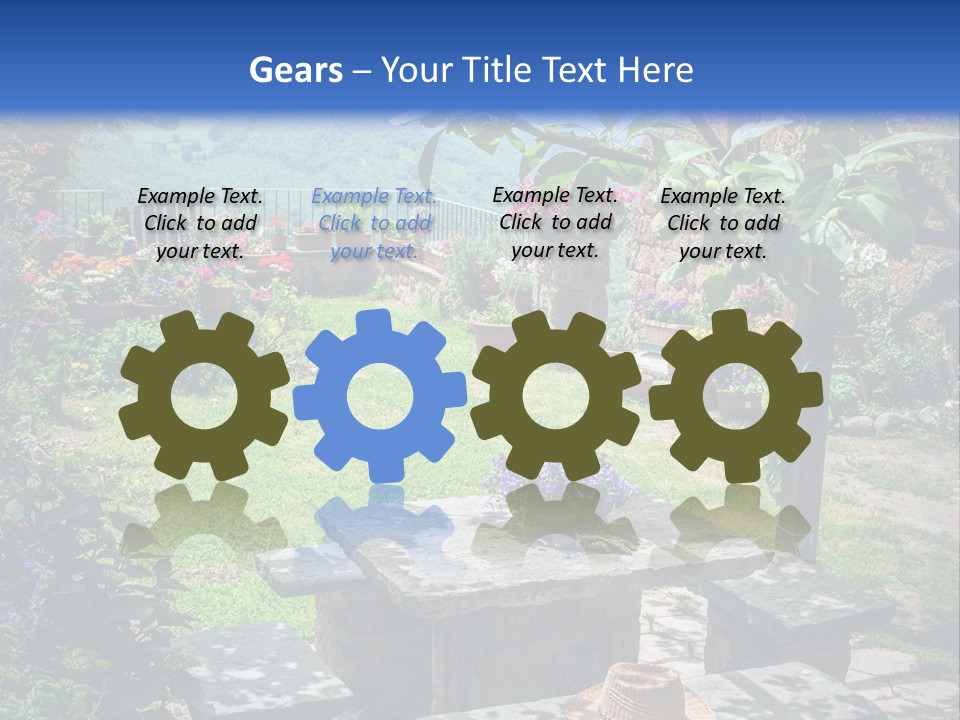 A Picture Of A Garden With A Bench And Flowers PowerPoint Template