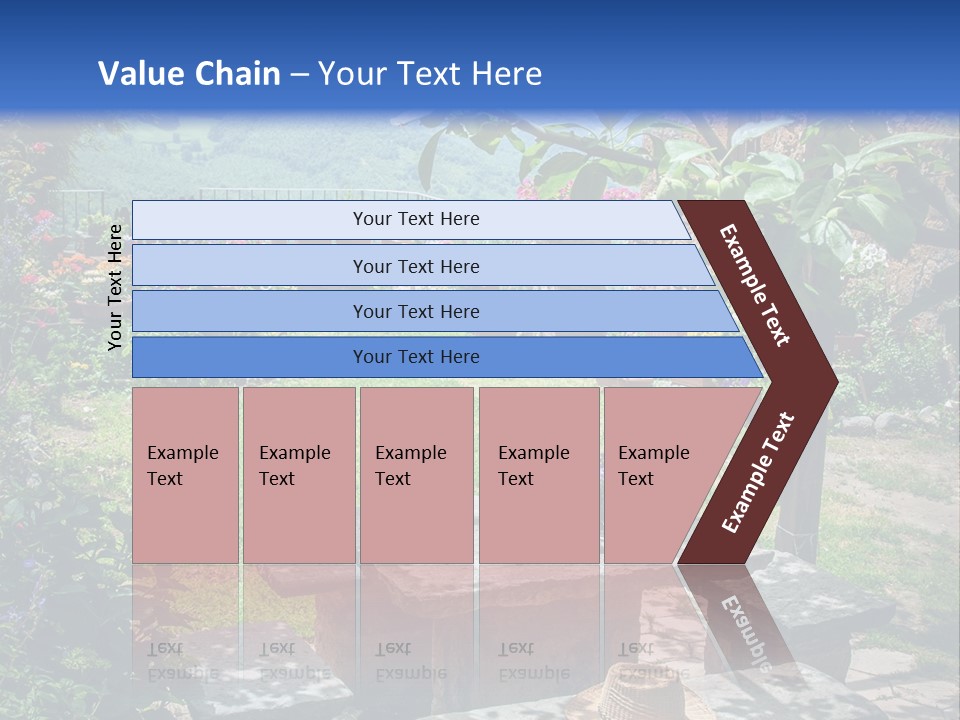A Picture Of A Garden With A Bench And Flowers PowerPoint Template