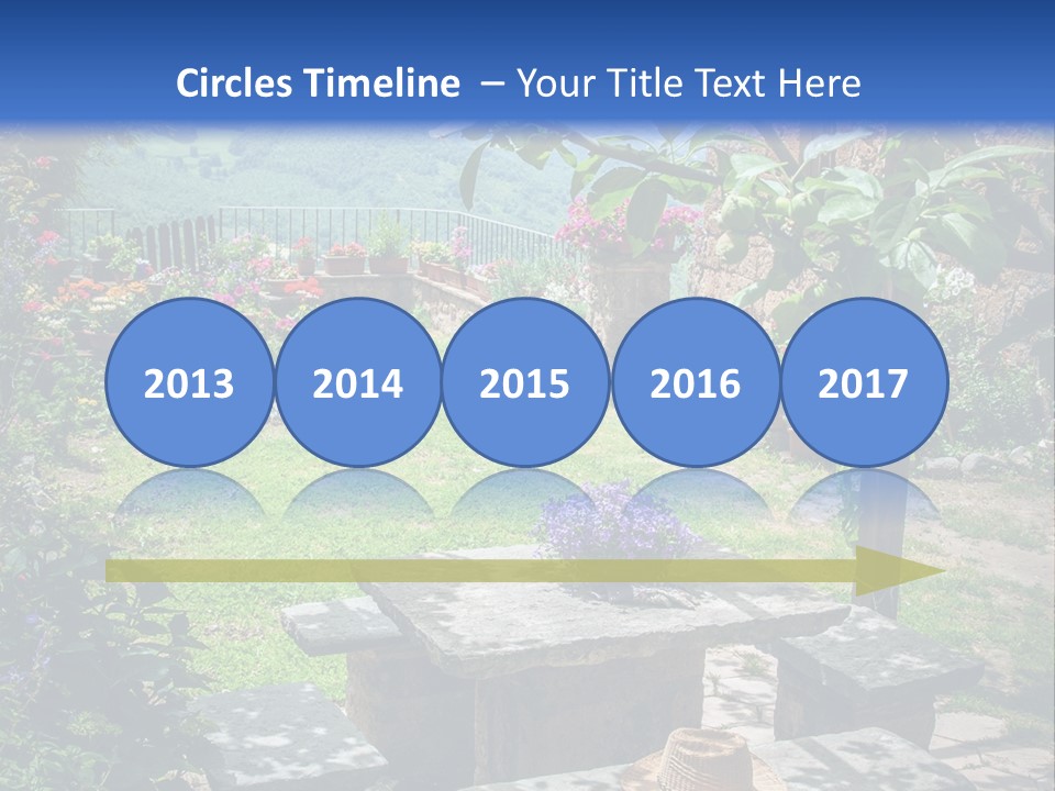 A Picture Of A Garden With A Bench And Flowers PowerPoint Template