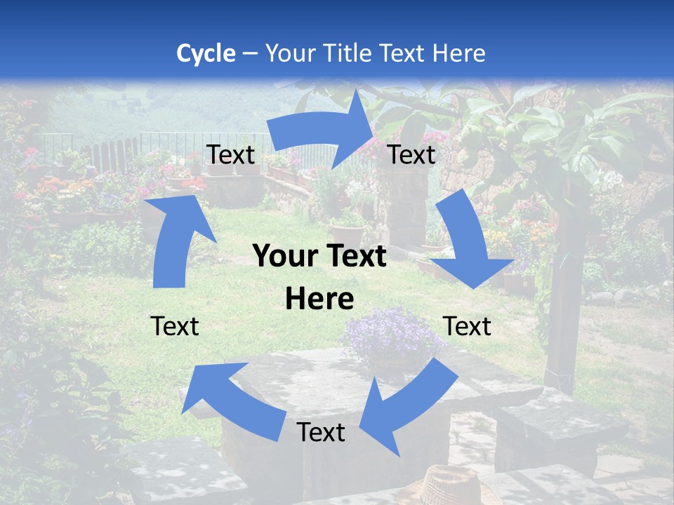 A Picture Of A Garden With A Bench And Flowers PowerPoint Template