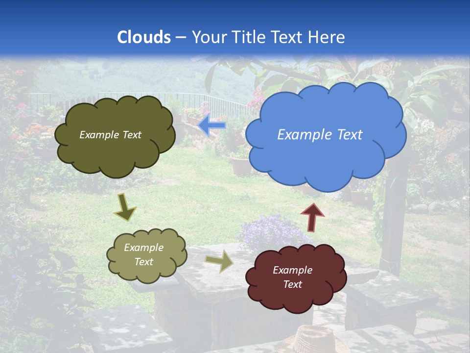 A Picture Of A Garden With A Bench And Flowers PowerPoint Template