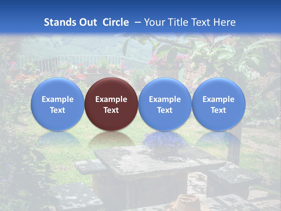 A Picture Of A Garden With A Bench And Flowers PowerPoint Template