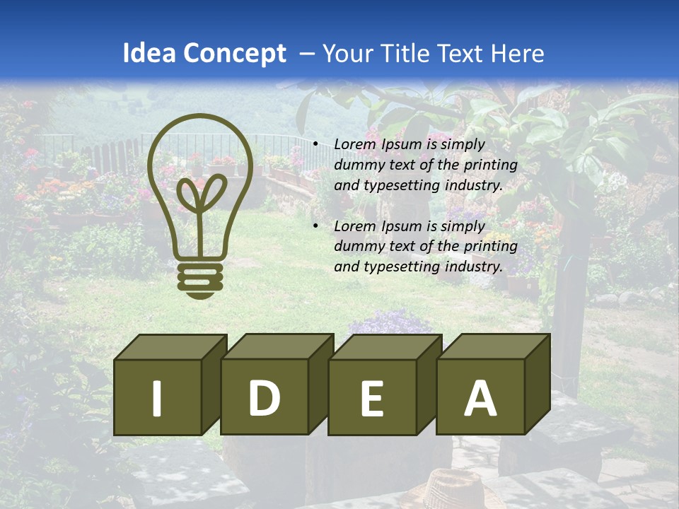 A Picture Of A Garden With A Bench And Flowers PowerPoint Template