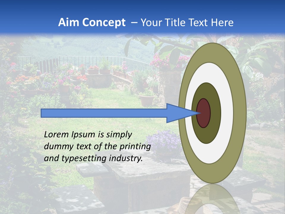 A Picture Of A Garden With A Bench And Flowers PowerPoint Template