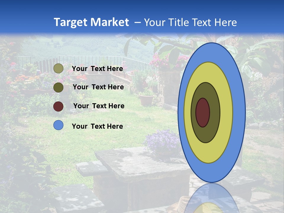 A Picture Of A Garden With A Bench And Flowers PowerPoint Template