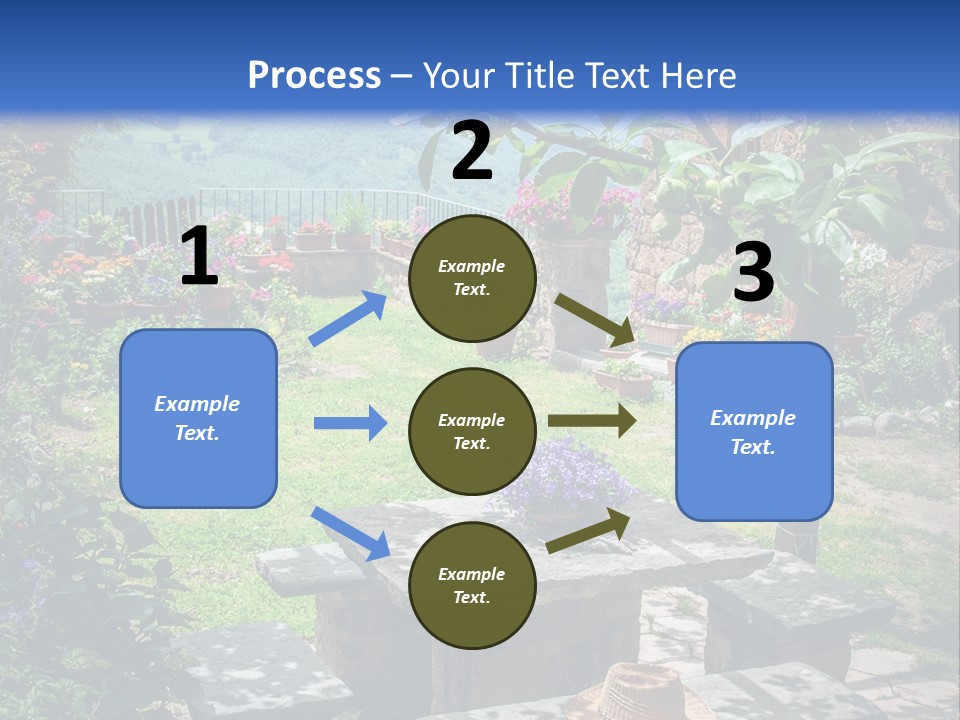 A Picture Of A Garden With A Bench And Flowers PowerPoint Template