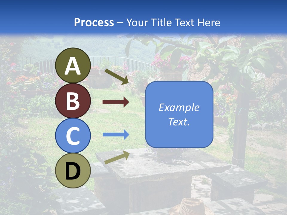A Picture Of A Garden With A Bench And Flowers PowerPoint Template