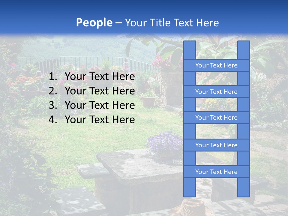 A Picture Of A Garden With A Bench And Flowers PowerPoint Template