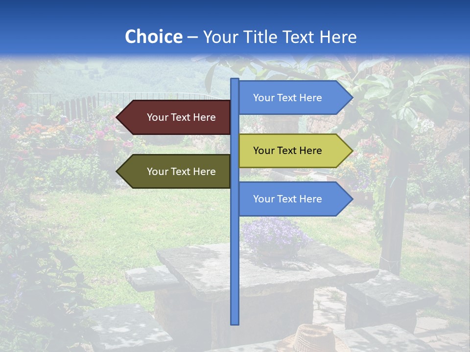 A Picture Of A Garden With A Bench And Flowers PowerPoint Template