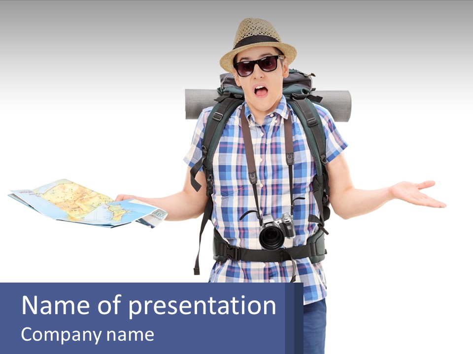 A Man With A Backpack Is Holding A Map PowerPoint Template