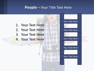 A Man With A Backpack Is Holding A Map PowerPoint Template