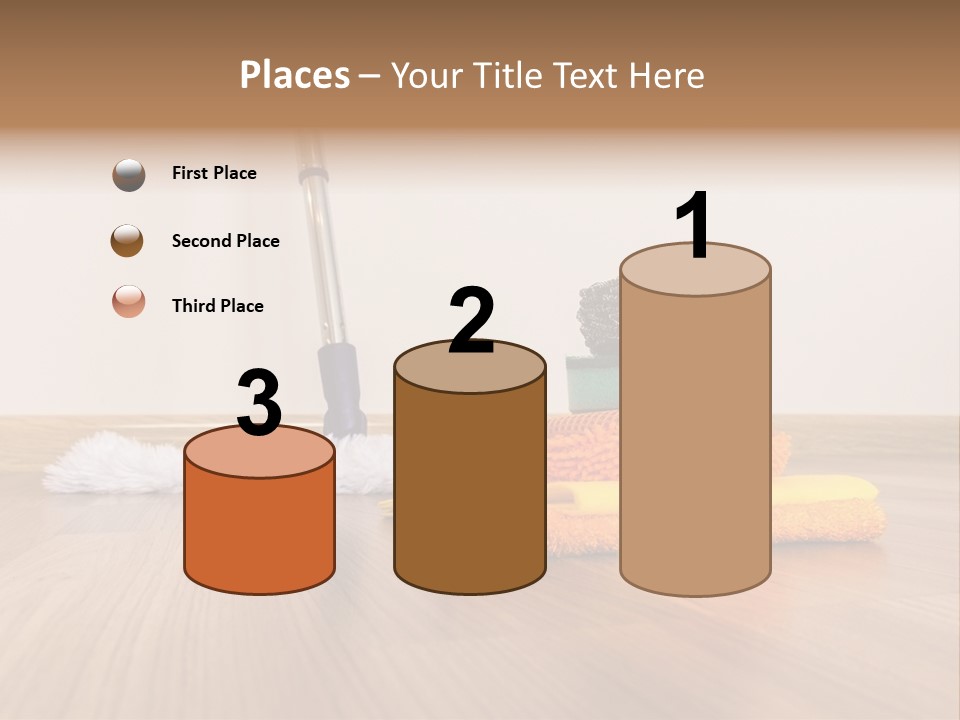 A Mop And Cleaning Supplies On A Wooden Floor PowerPoint Template