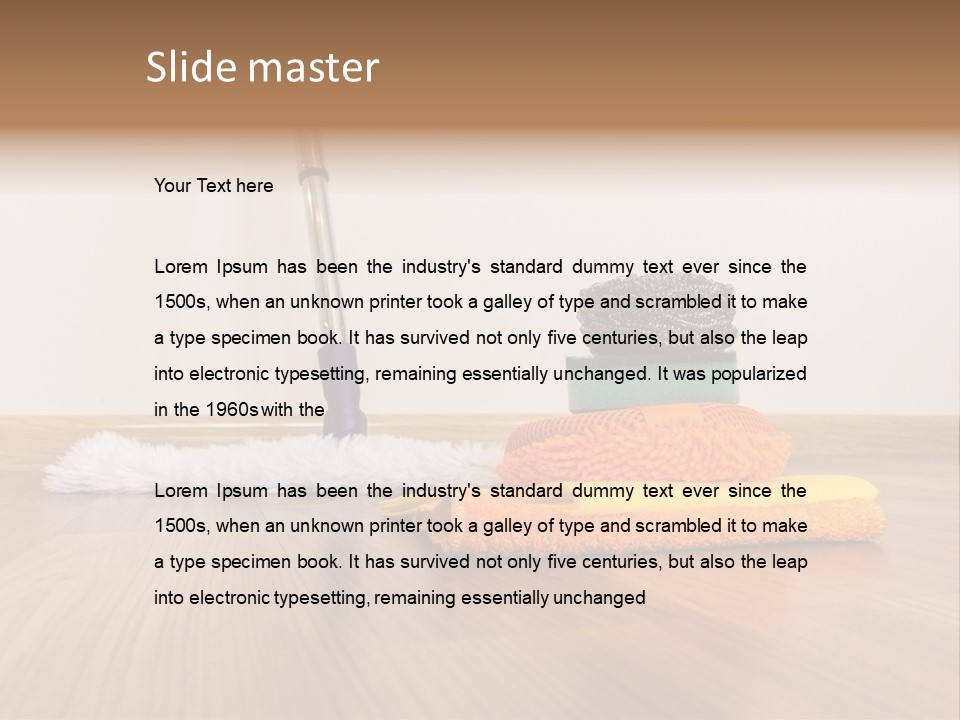 A Mop And Cleaning Supplies On A Wooden Floor PowerPoint Template