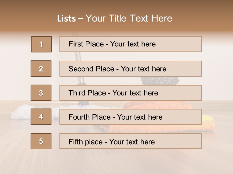 A Mop And Cleaning Supplies On A Wooden Floor PowerPoint Template