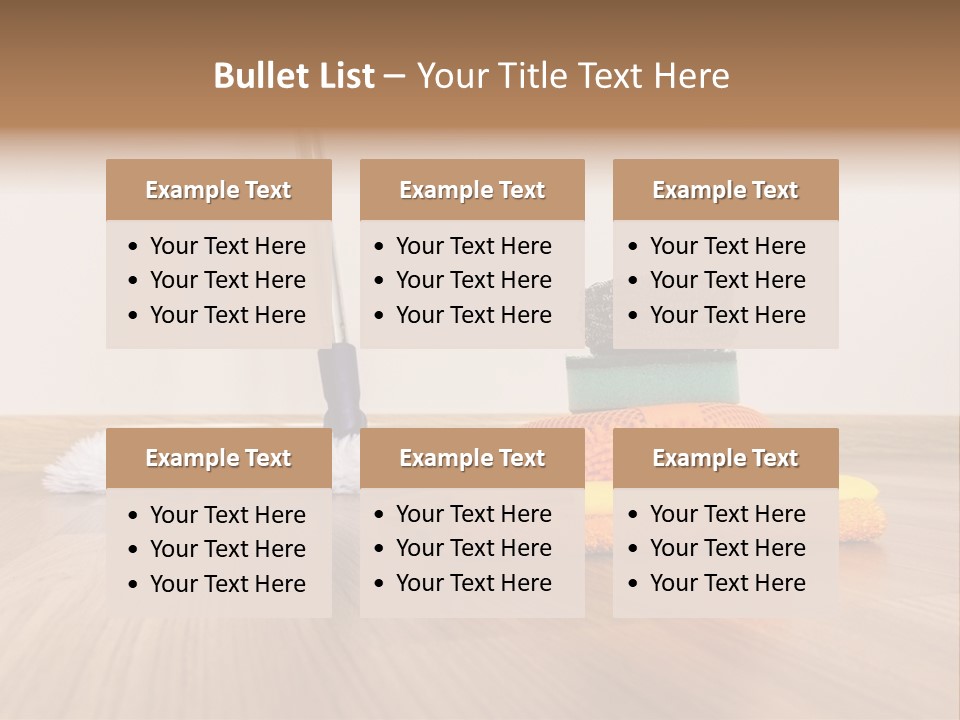 A Mop And Cleaning Supplies On A Wooden Floor PowerPoint Template