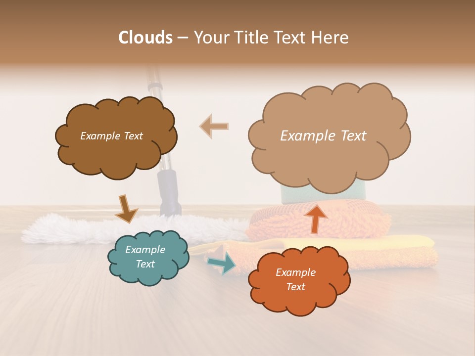 A Mop And Cleaning Supplies On A Wooden Floor PowerPoint Template