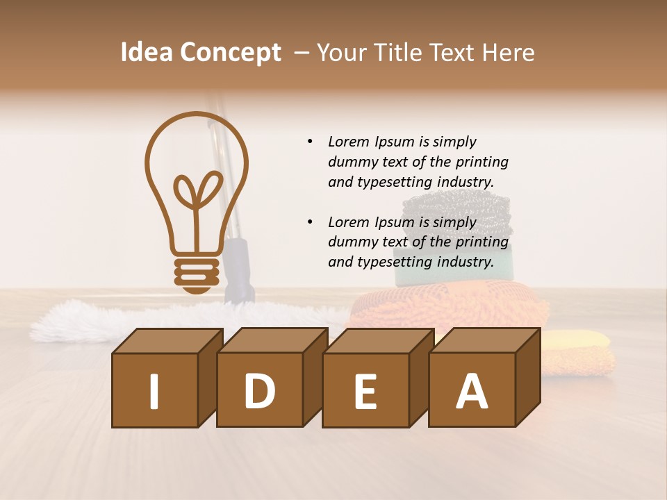 A Mop And Cleaning Supplies On A Wooden Floor PowerPoint Template