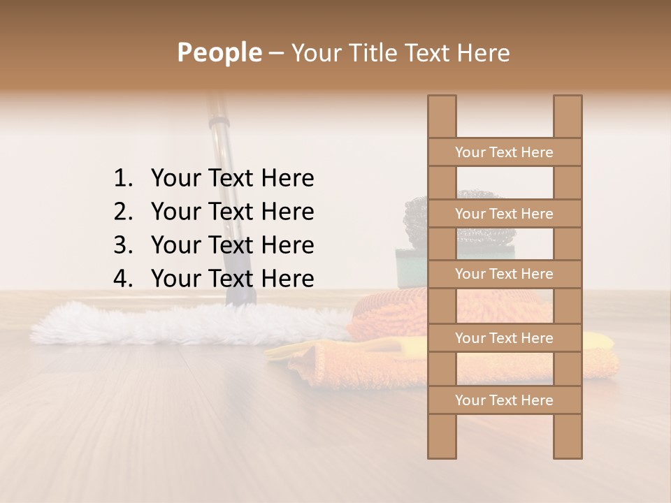 A Mop And Cleaning Supplies On A Wooden Floor PowerPoint Template