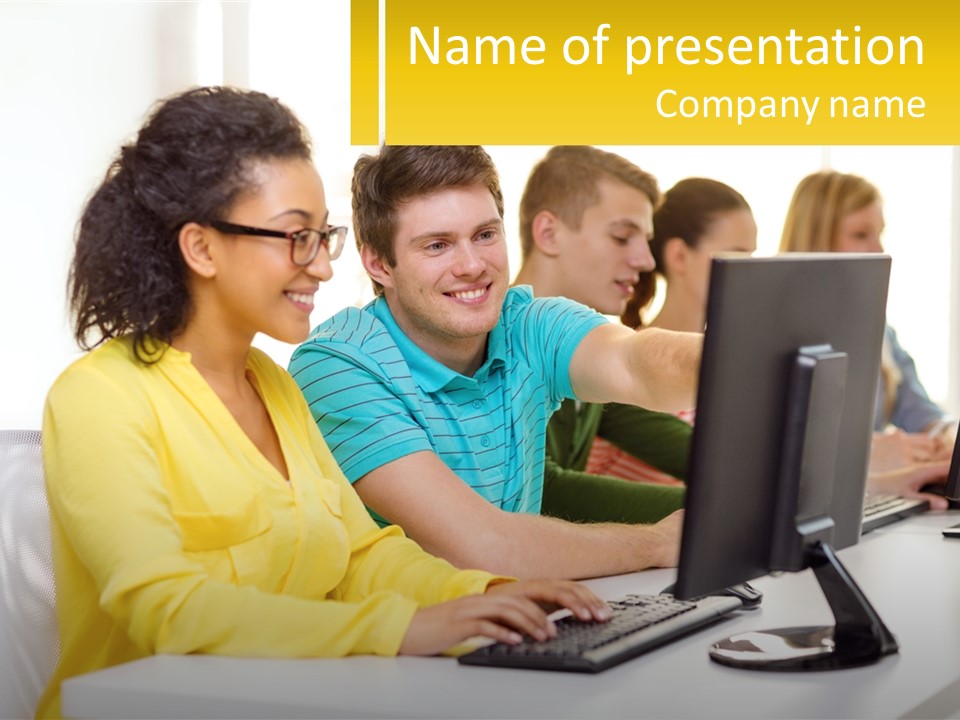 A Group Of People Sitting Around A Computer PowerPoint Template