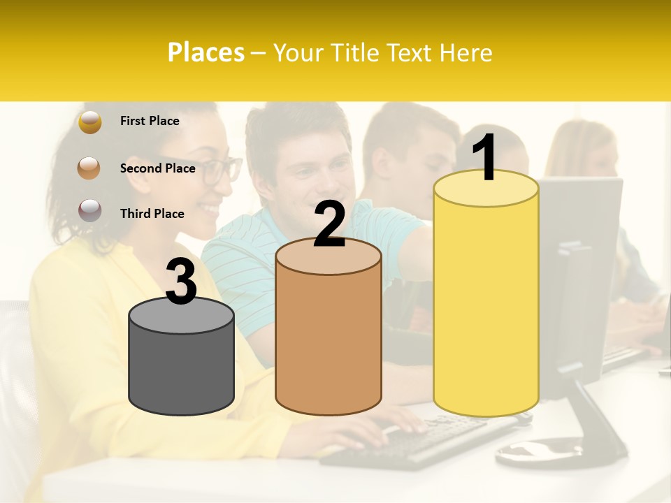 A Group Of People Sitting Around A Computer PowerPoint Template