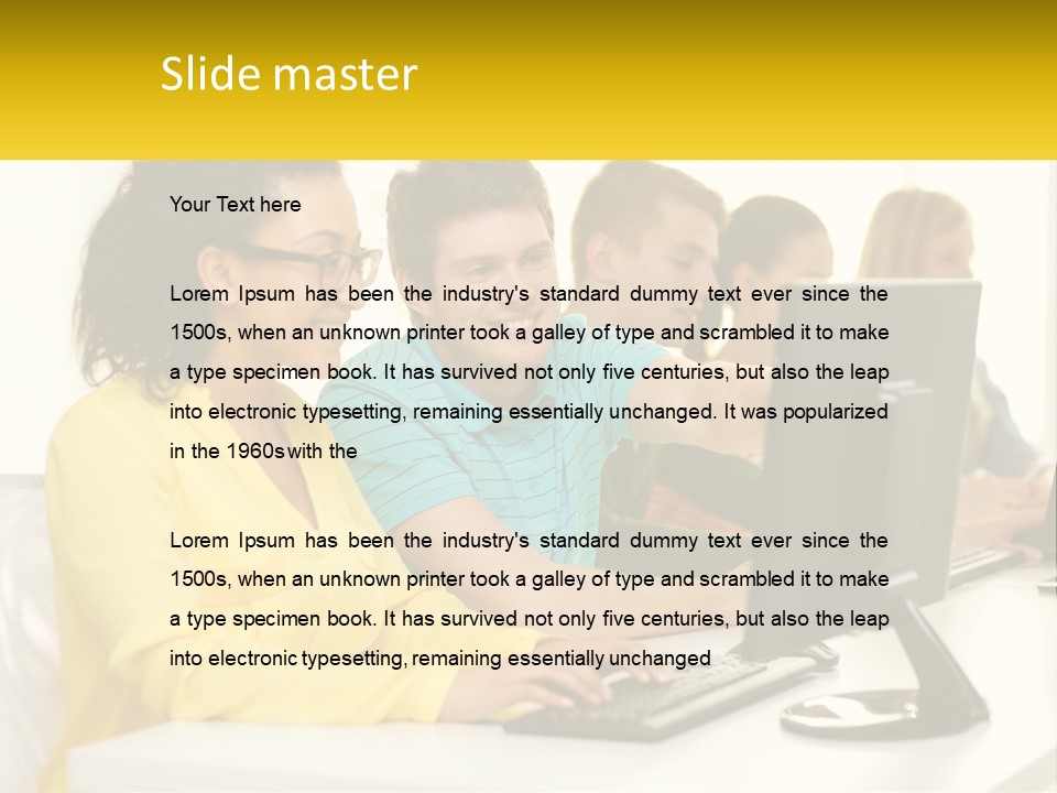 A Group Of People Sitting Around A Computer PowerPoint Template