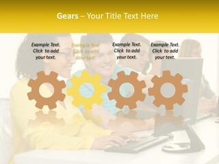 A Group Of People Sitting Around A Computer PowerPoint Template