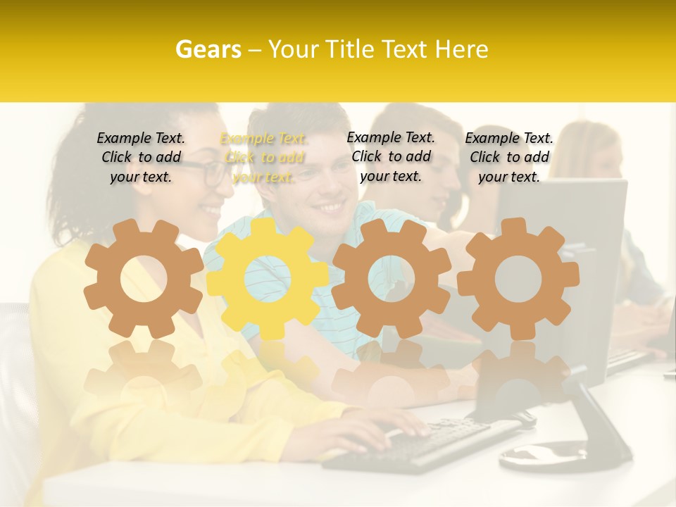 A Group Of People Sitting Around A Computer PowerPoint Template