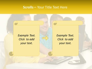 A Group Of People Sitting Around A Computer PowerPoint Template