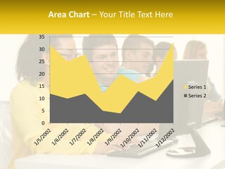 A Group Of People Sitting Around A Computer PowerPoint Template