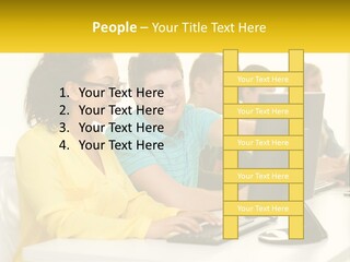 A Group Of People Sitting Around A Computer PowerPoint Template