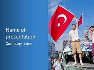 A Man Holding A Flag Standing On Top Of A Car PowerPoint Template