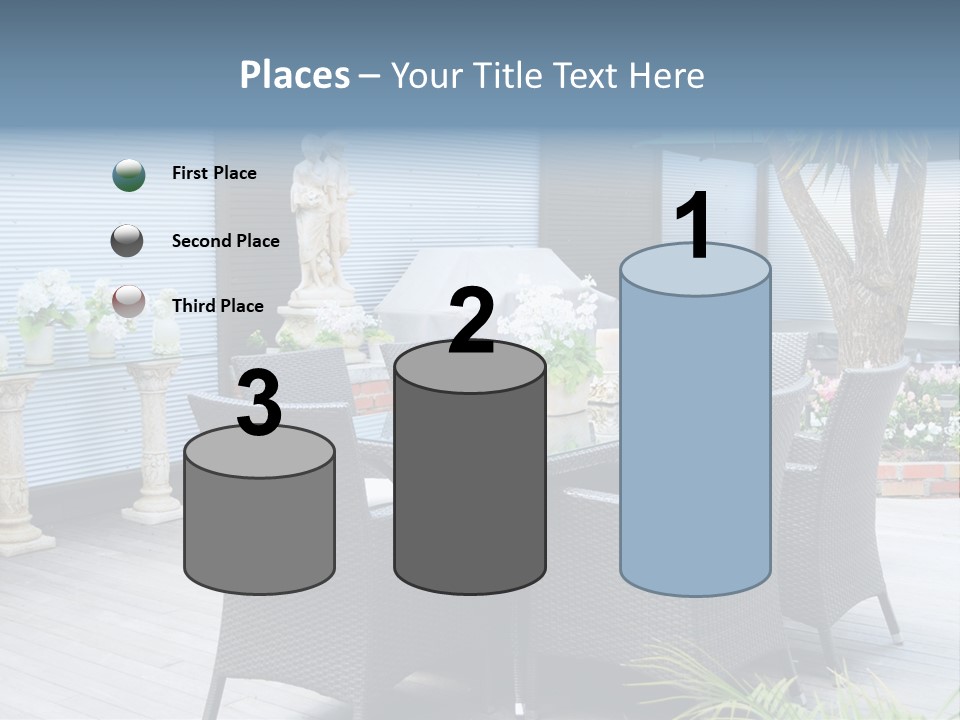 A Table And Chairs On A Patio With A Statue In The Background PowerPoint Template