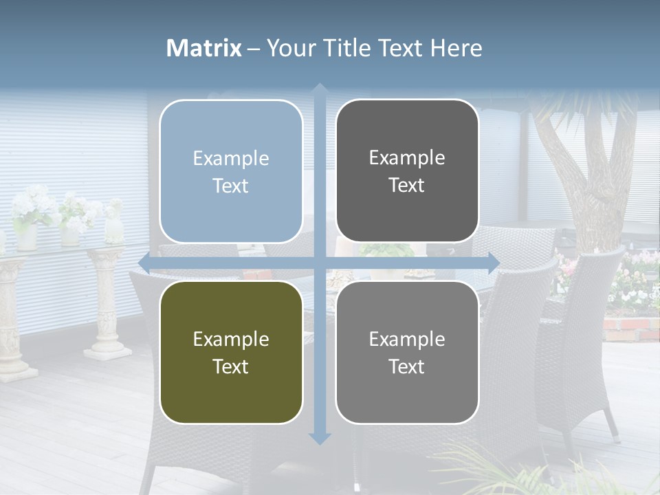 A Table And Chairs On A Patio With A Statue In The Background PowerPoint Template