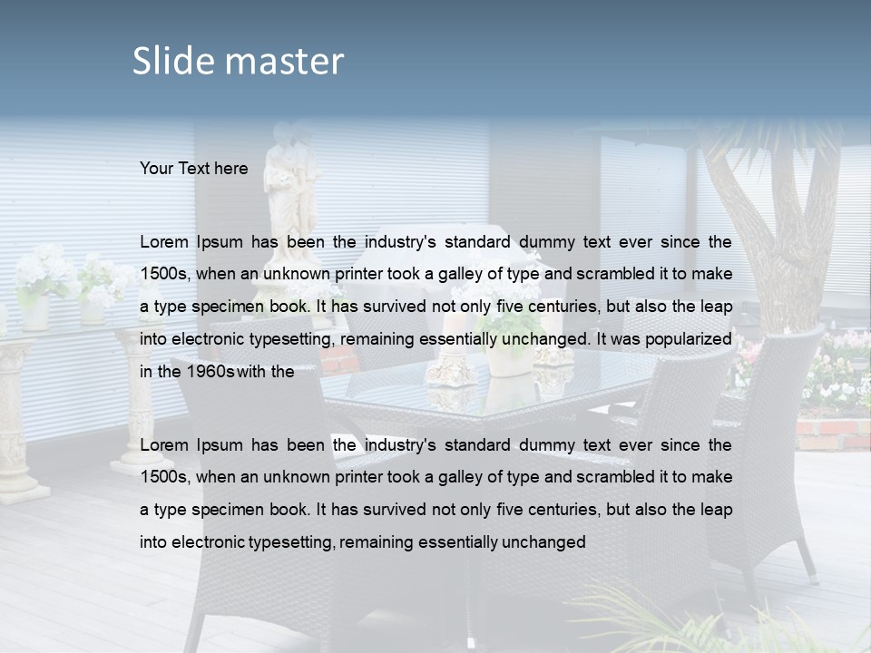 A Table And Chairs On A Patio With A Statue In The Background PowerPoint Template
