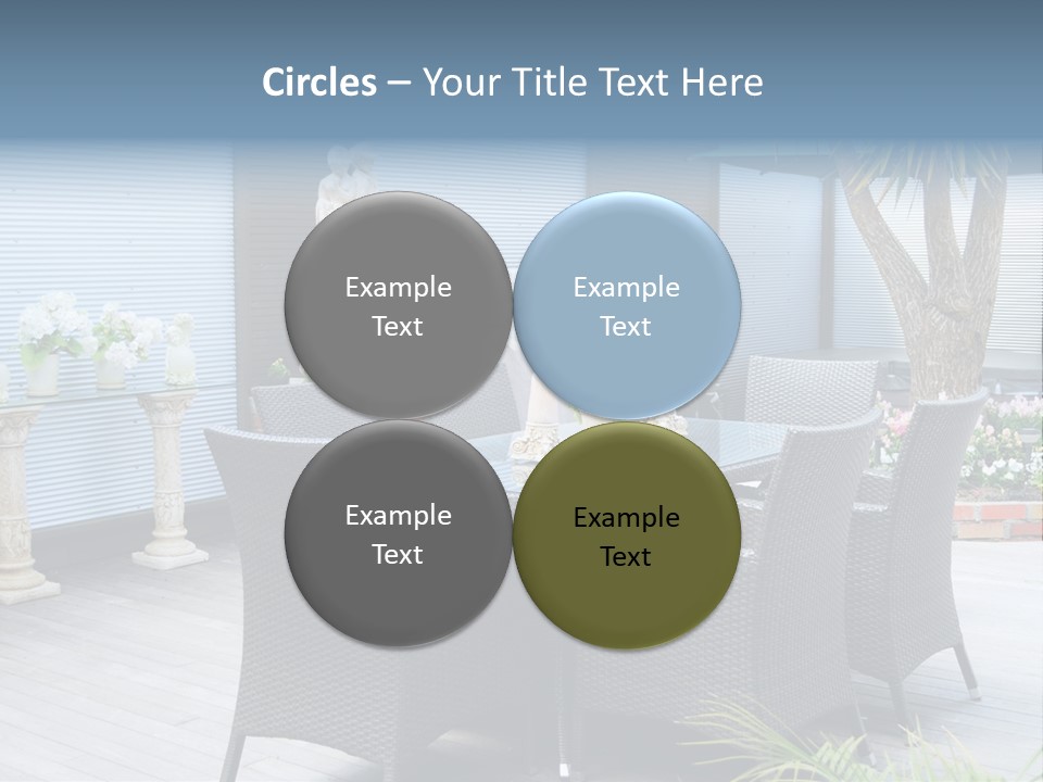 A Table And Chairs On A Patio With A Statue In The Background PowerPoint Template