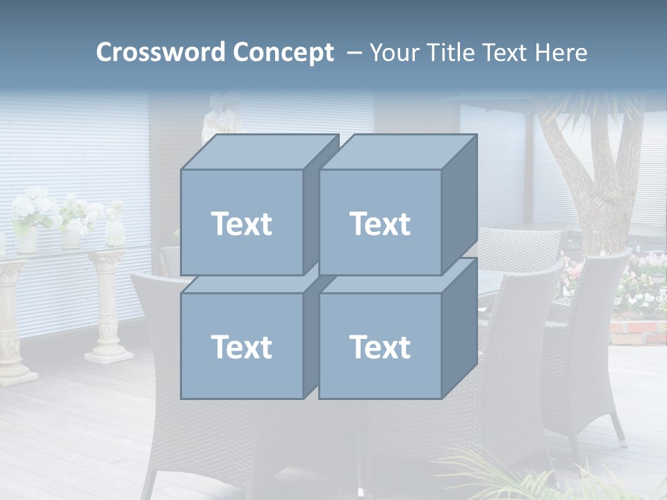 A Table And Chairs On A Patio With A Statue In The Background PowerPoint Template