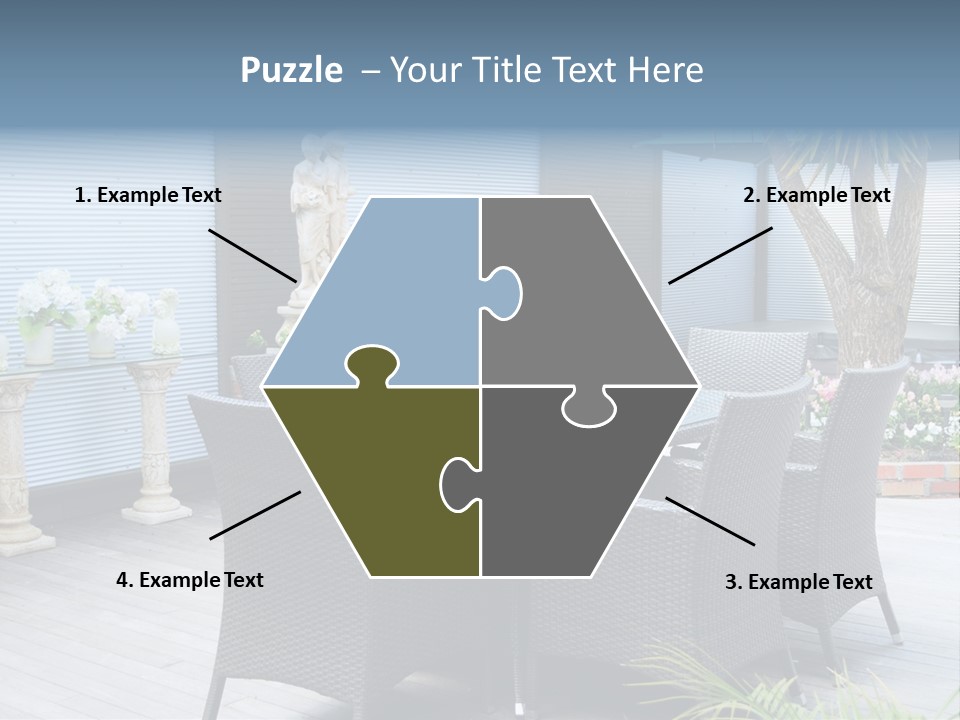 A Table And Chairs On A Patio With A Statue In The Background PowerPoint Template