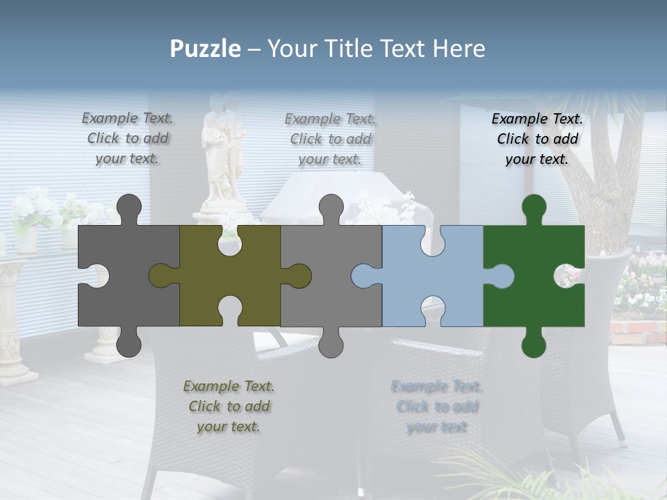 A Table And Chairs On A Patio With A Statue In The Background PowerPoint Template