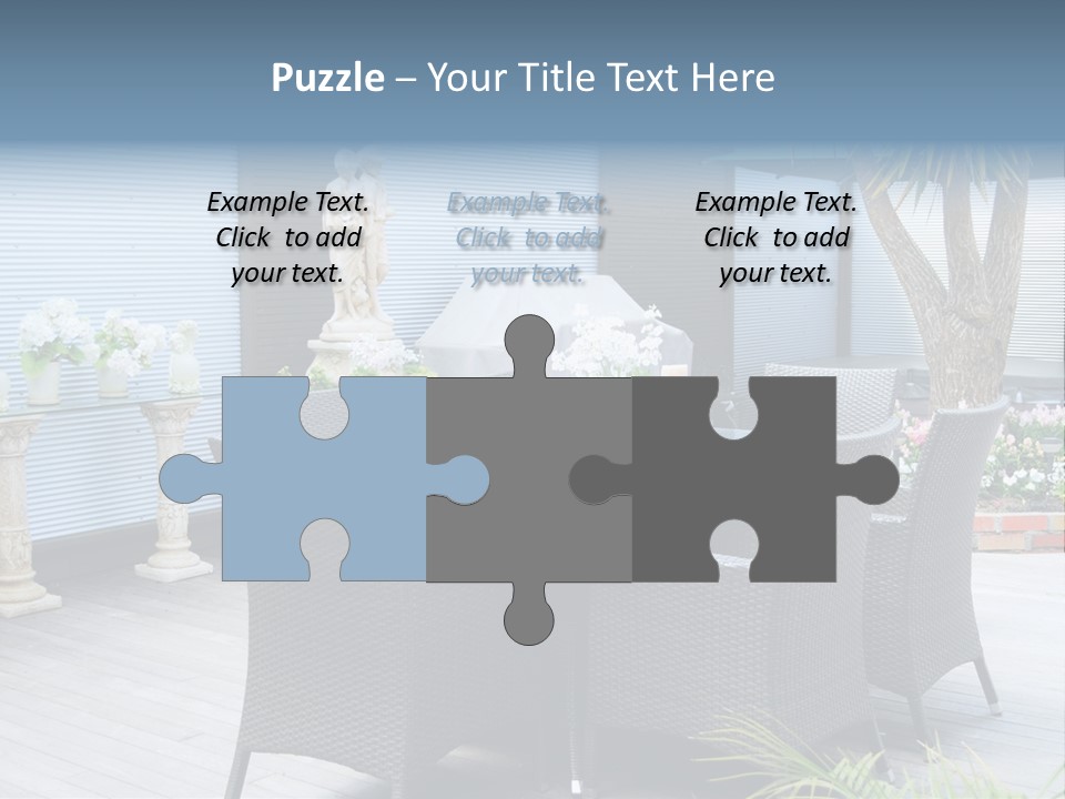 A Table And Chairs On A Patio With A Statue In The Background PowerPoint Template