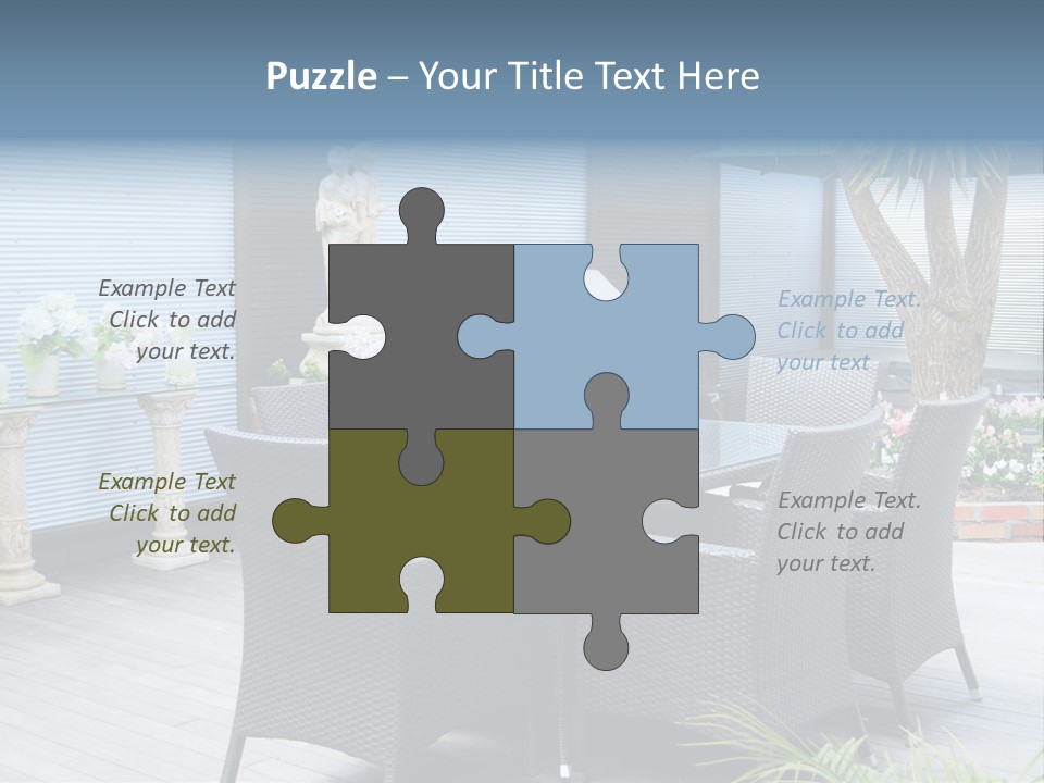 A Table And Chairs On A Patio With A Statue In The Background PowerPoint Template