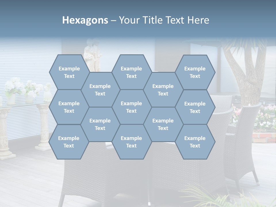 A Table And Chairs On A Patio With A Statue In The Background PowerPoint Template