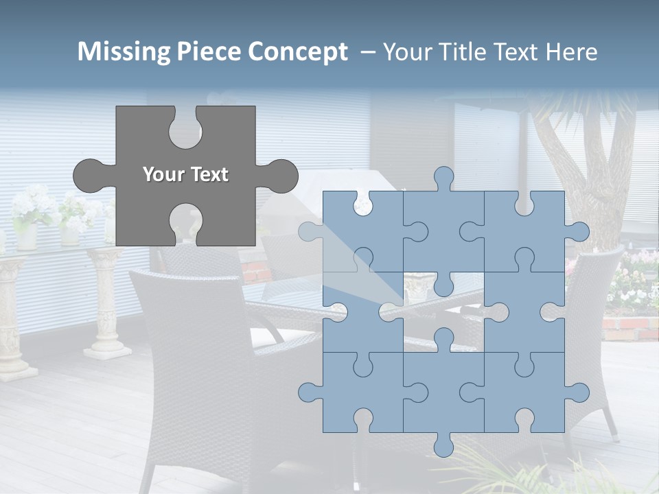 A Table And Chairs On A Patio With A Statue In The Background PowerPoint Template