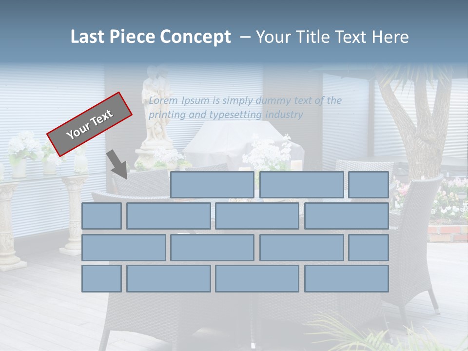 A Table And Chairs On A Patio With A Statue In The Background PowerPoint Template