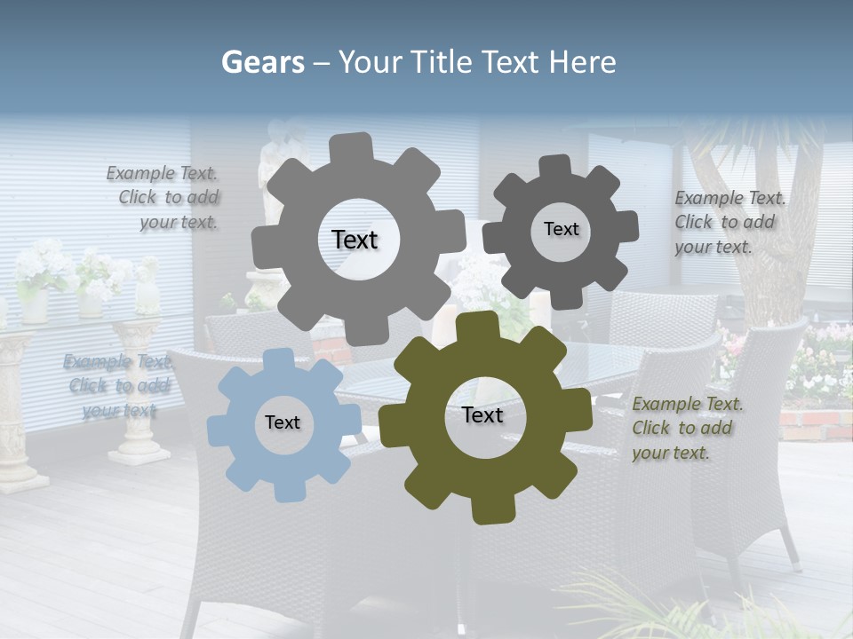 A Table And Chairs On A Patio With A Statue In The Background PowerPoint Template