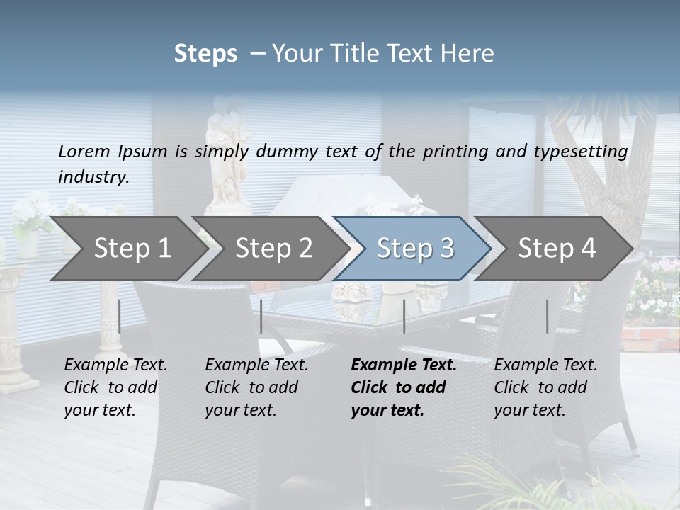 A Table And Chairs On A Patio With A Statue In The Background PowerPoint Template