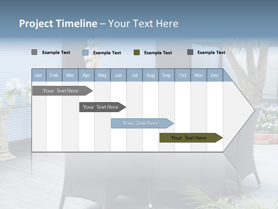 A Table And Chairs On A Patio With A Statue In The Background PowerPoint Template
